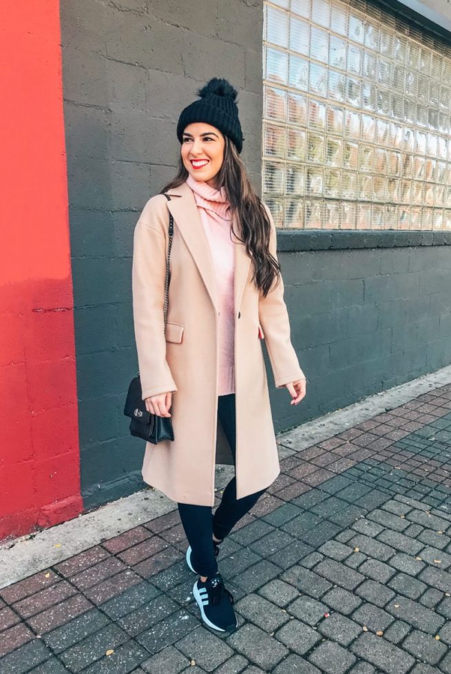 Camel Coat Styled with Athleisure 