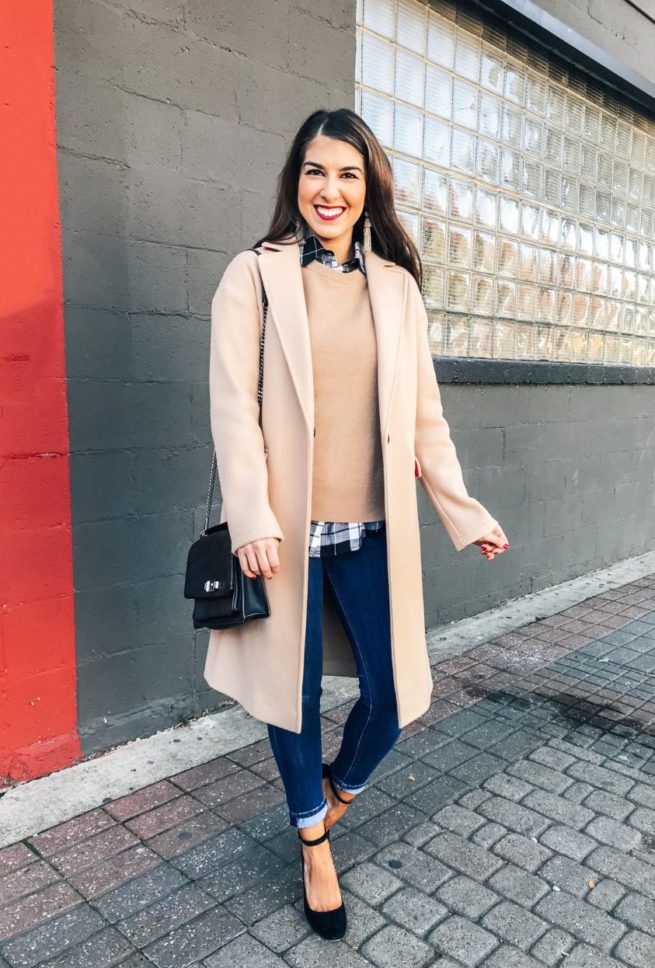 Camel Coat with Camel Sweater and Plaid Top 