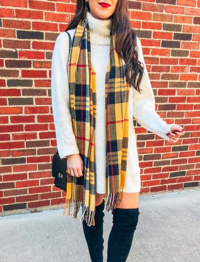 Turtleneck Sweater Dress and Check Pattern Scarf 