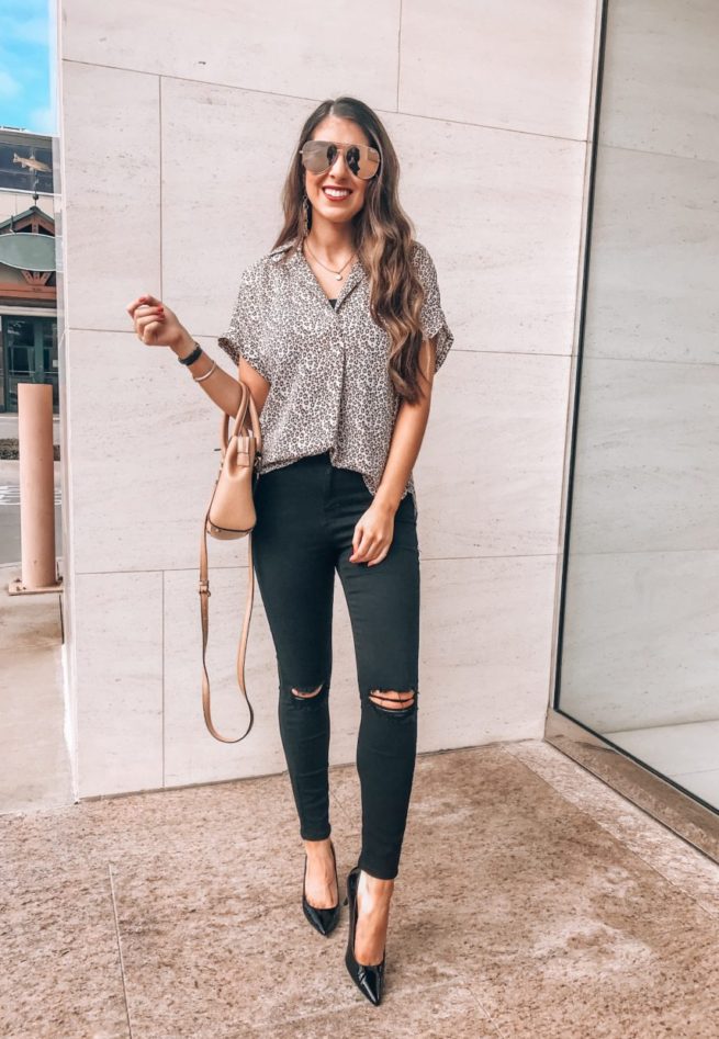 Leopard Print Blouse and Black Ripped Jeans 