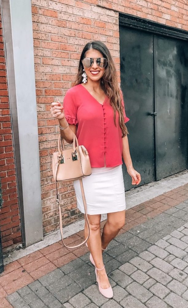Pink Ruffle Sleeve Blouse with Pink Pencil Skirt 