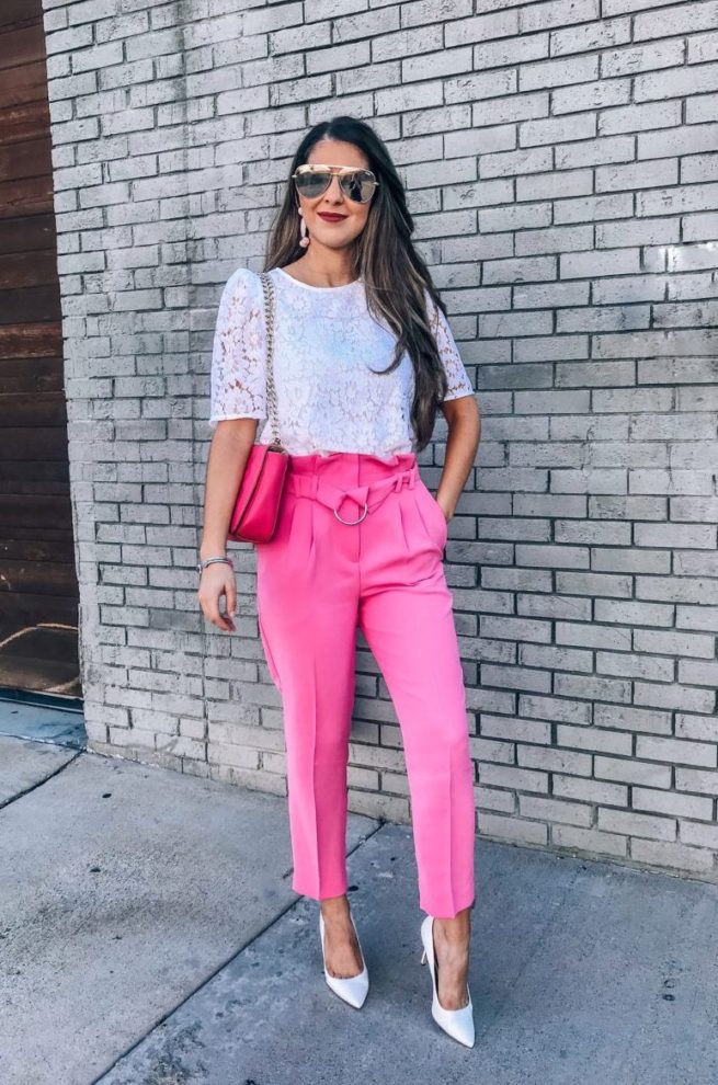 Lace Top and Pink Paperbag Pants 