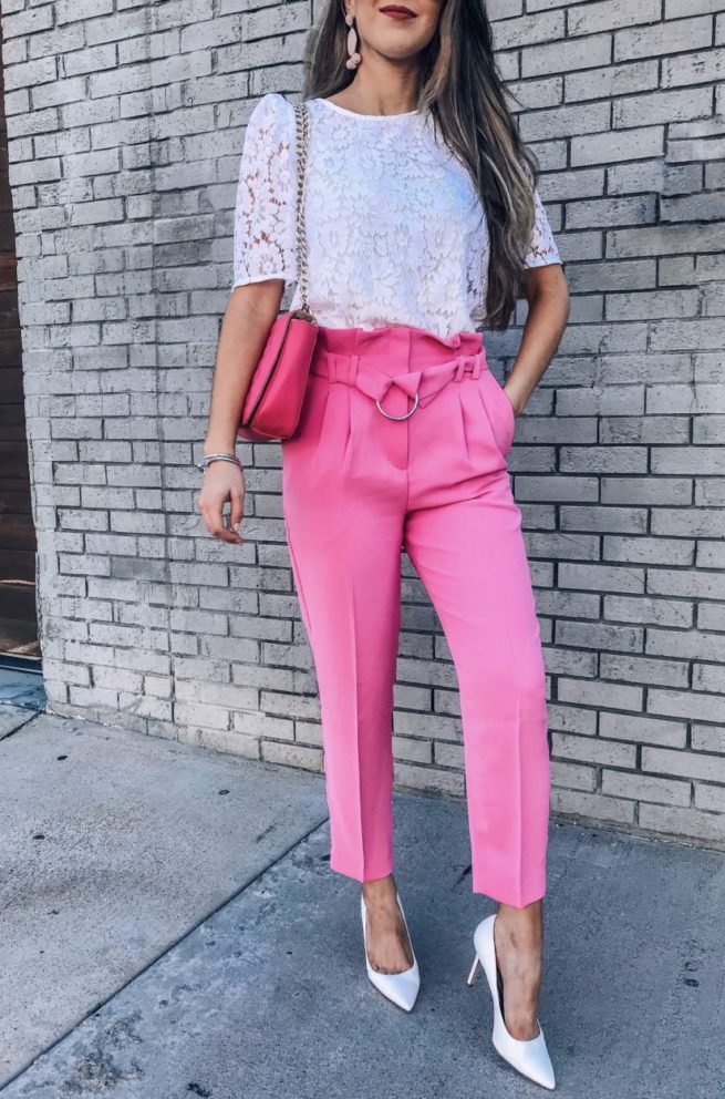 Lace Top and Pink Paperbag Pants 