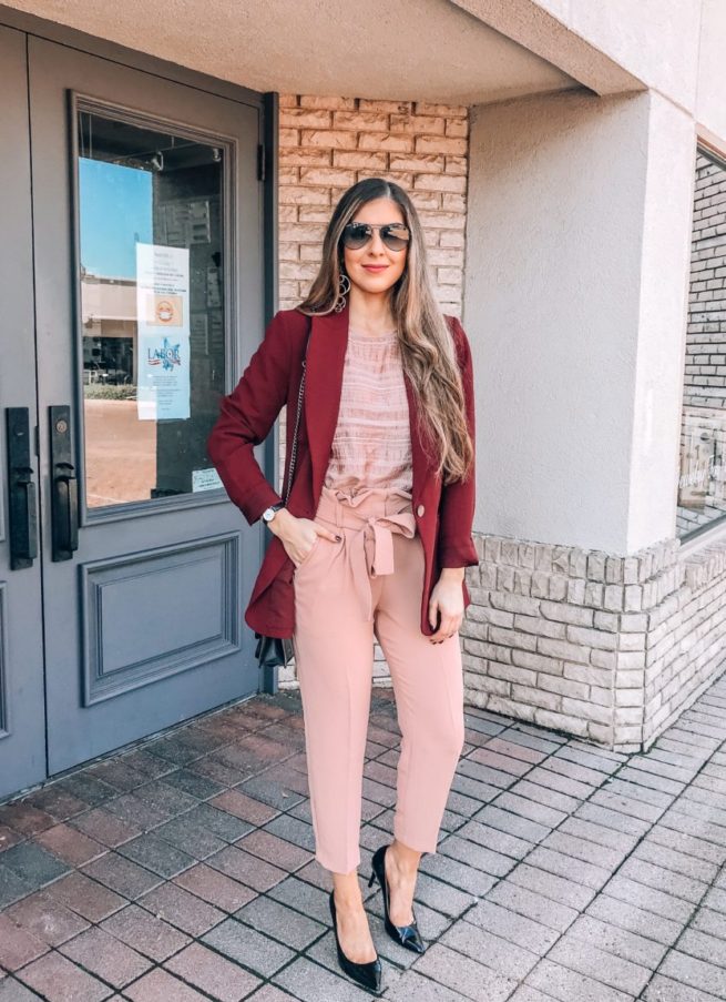 Burgundy Blazer for the Office with a Blush Blouse and Blush Pants 