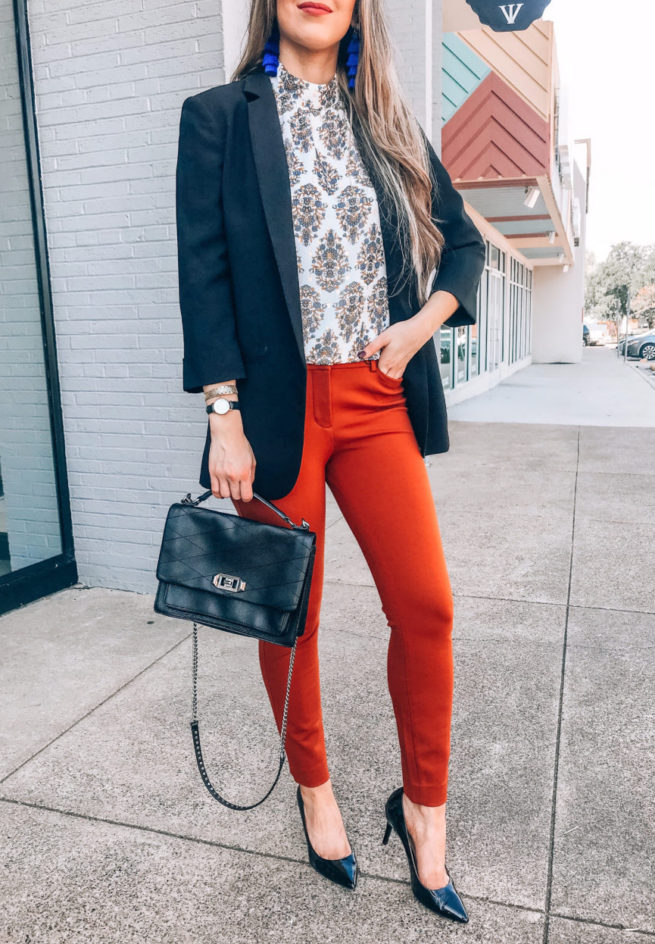 Floral Print Fall Blouse and Rust Colored Dress Pants 