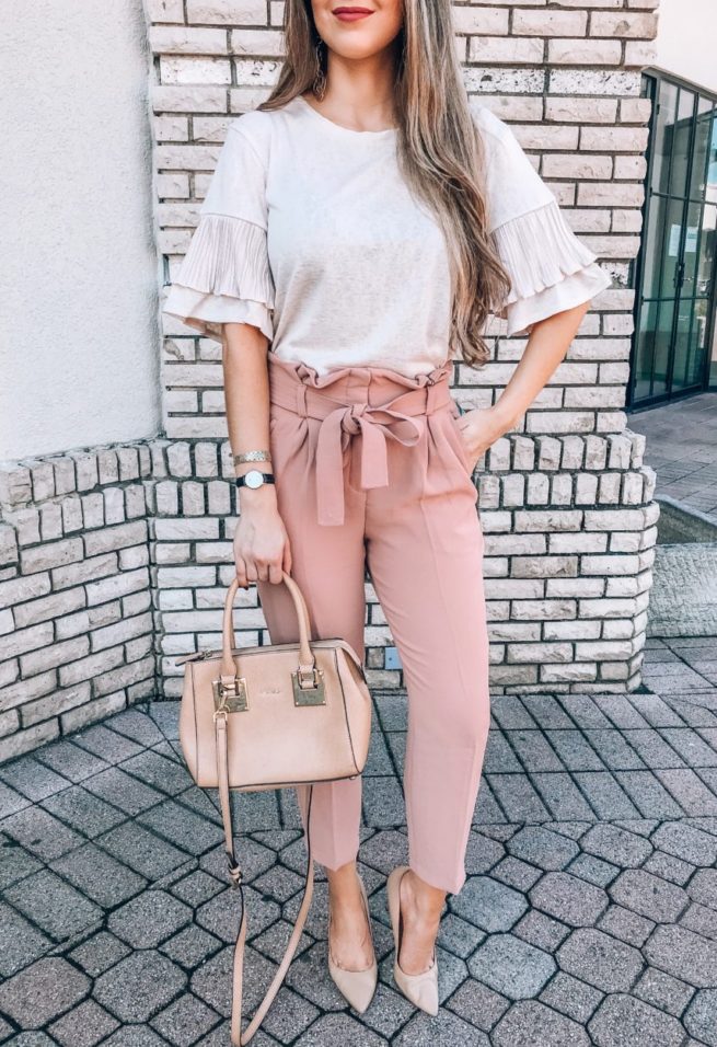 Cute Flutter Sleeve Top with Blush Paperbag Ankle Pants 