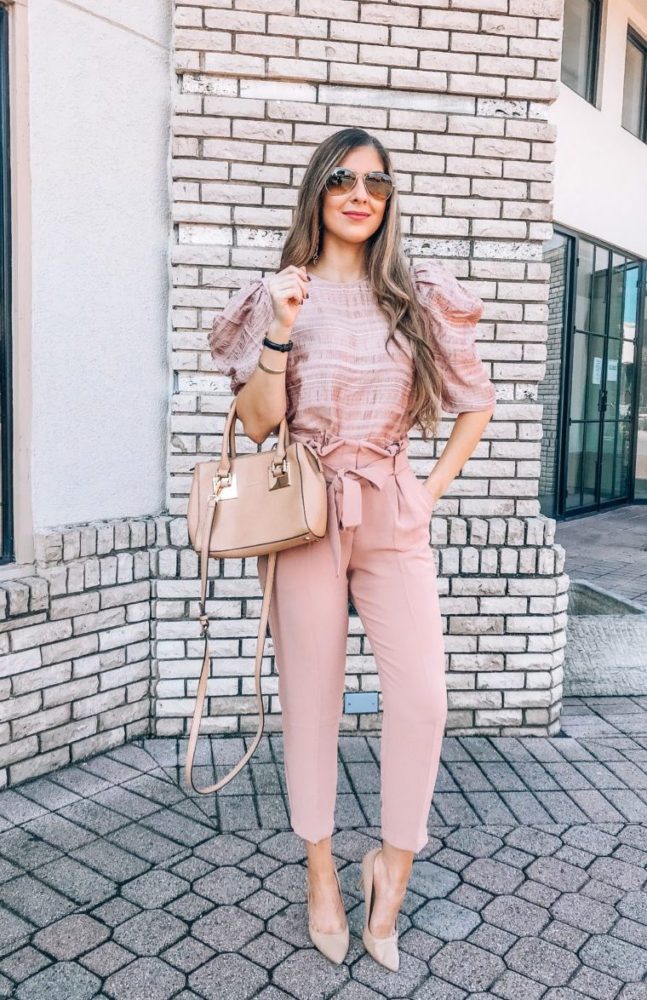 Chic Blush Puff Sleeve Blouse and Blush Pink Paperbag Pants 