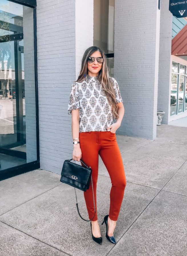 Floral Print Fall Blouse and Rust Colored Dress Pants 