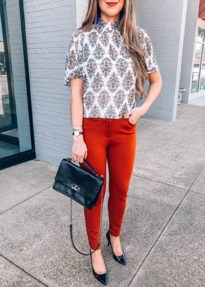 Beautiful Floral Blouse and Rust Colored Dress Pants 