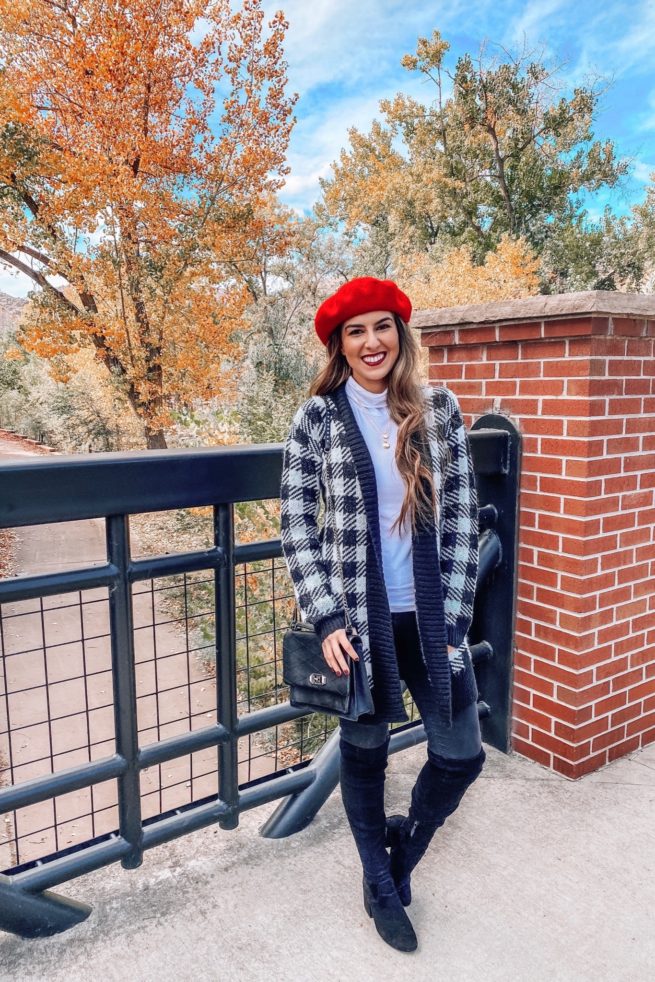 Buffalo Check Cardigan and Beret Hat in Golden Colorado 