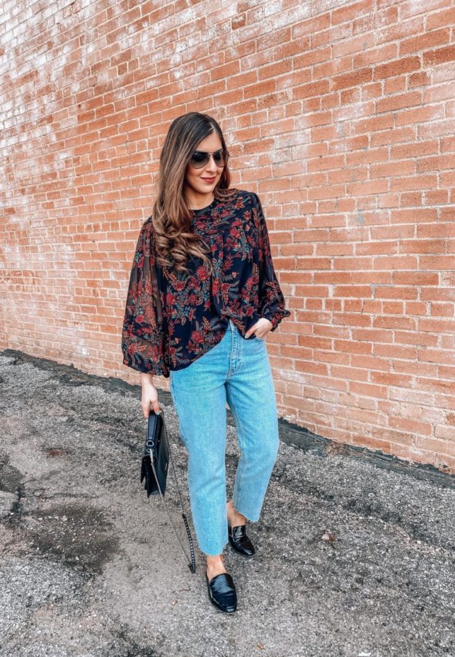 Paisley Blouse and Light Wash Denim Jeans 