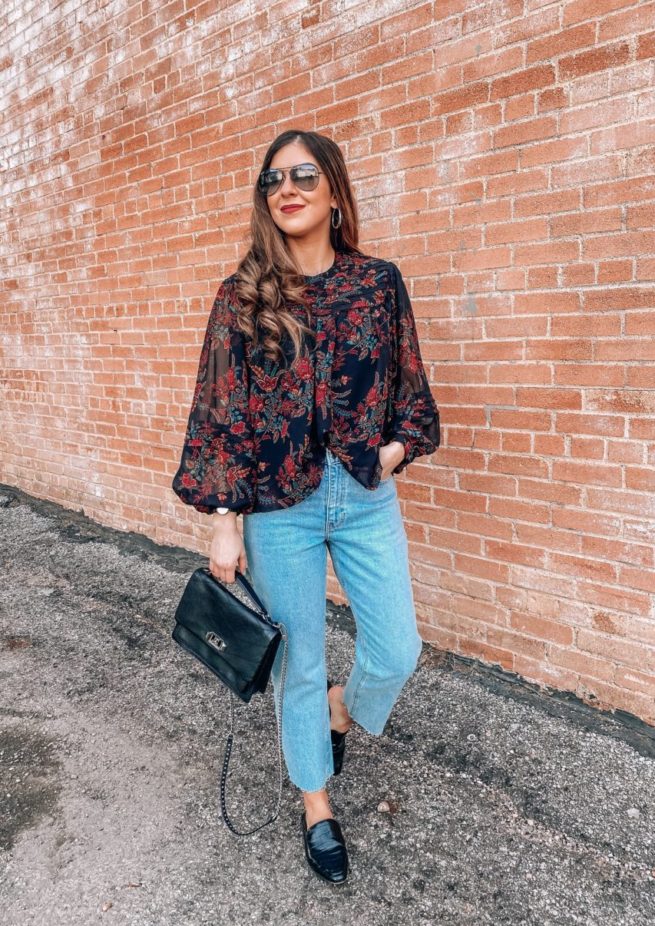 Beautiful Paisley Print Blouse Styled with Jeans 
