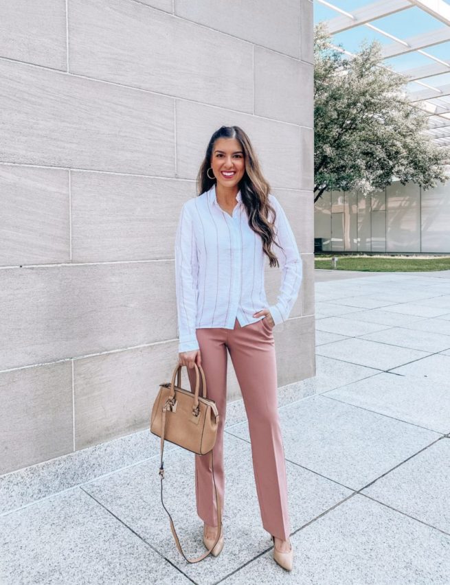 Striped Button Up Top and Pink Dress Pants
