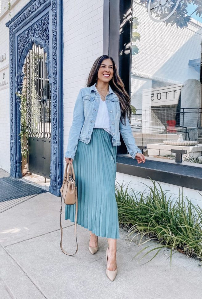 Denim Jacket Styled with Pleated Skirt