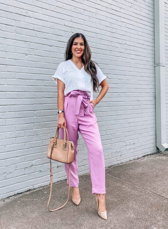White Blouse and Purple Paperbag Pants