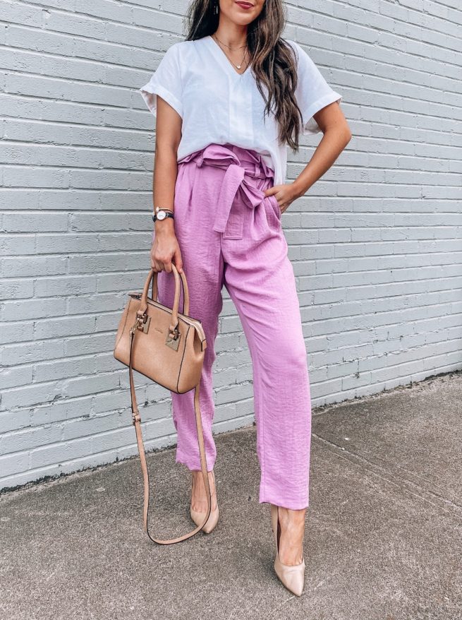 White Blouse with Purple Paperbag Pants