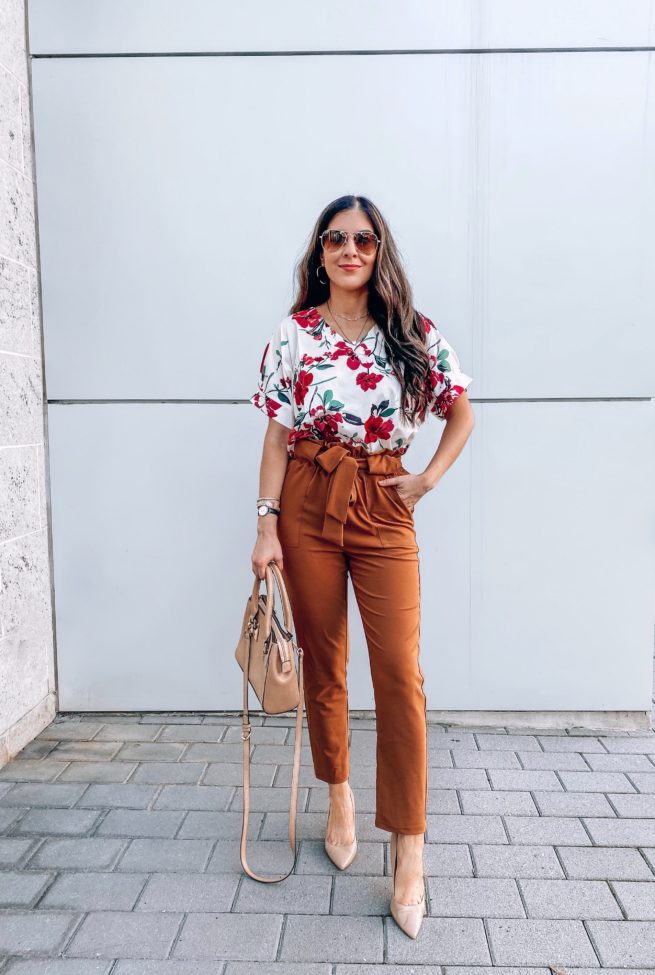 Floral Blouse and Rust Paperbag Pants