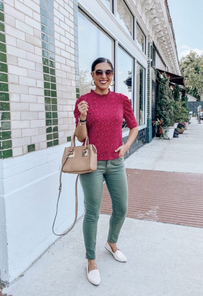 Fuchsia Blouse and Olive Pants
