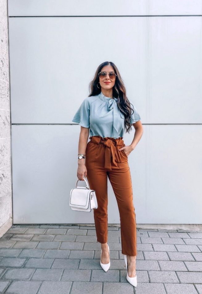 Tie Neck Blouse and Rust Paperbag Pants