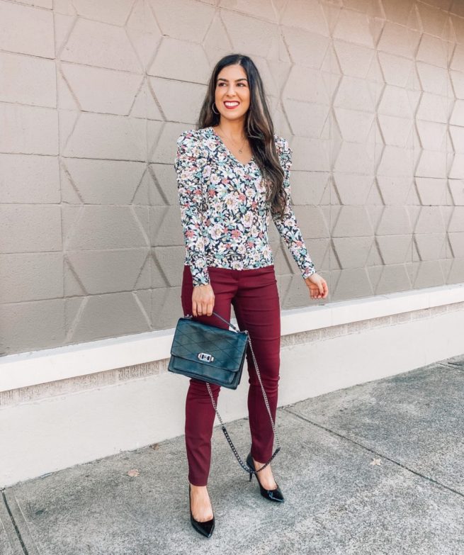 Floral Blouse and Burgundy Dress Pants