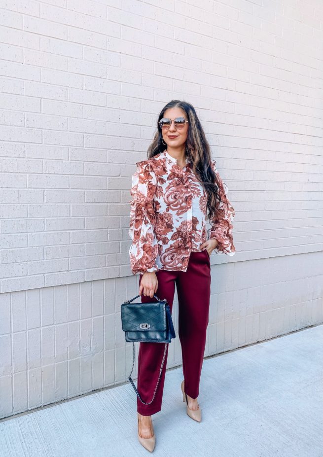 Floral Blouse for the Office and Burgundy Dress Pants