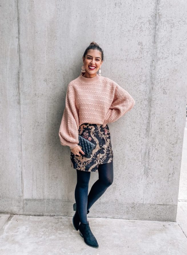 Tan Sweater and Floral Mini Skirt