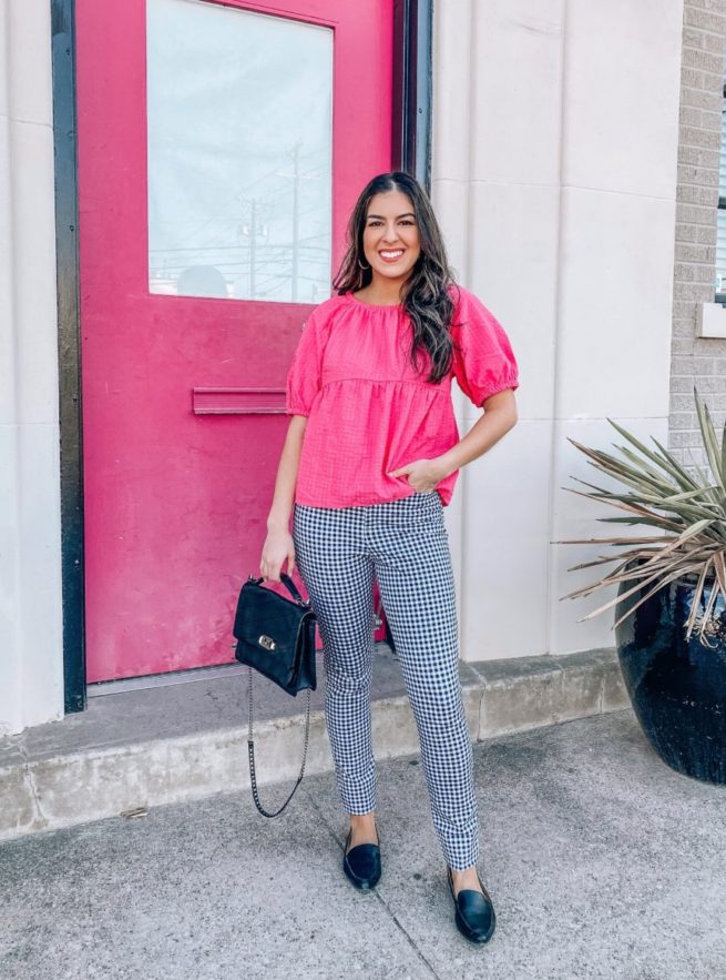 Pink Top and Gingham Pants for the Office